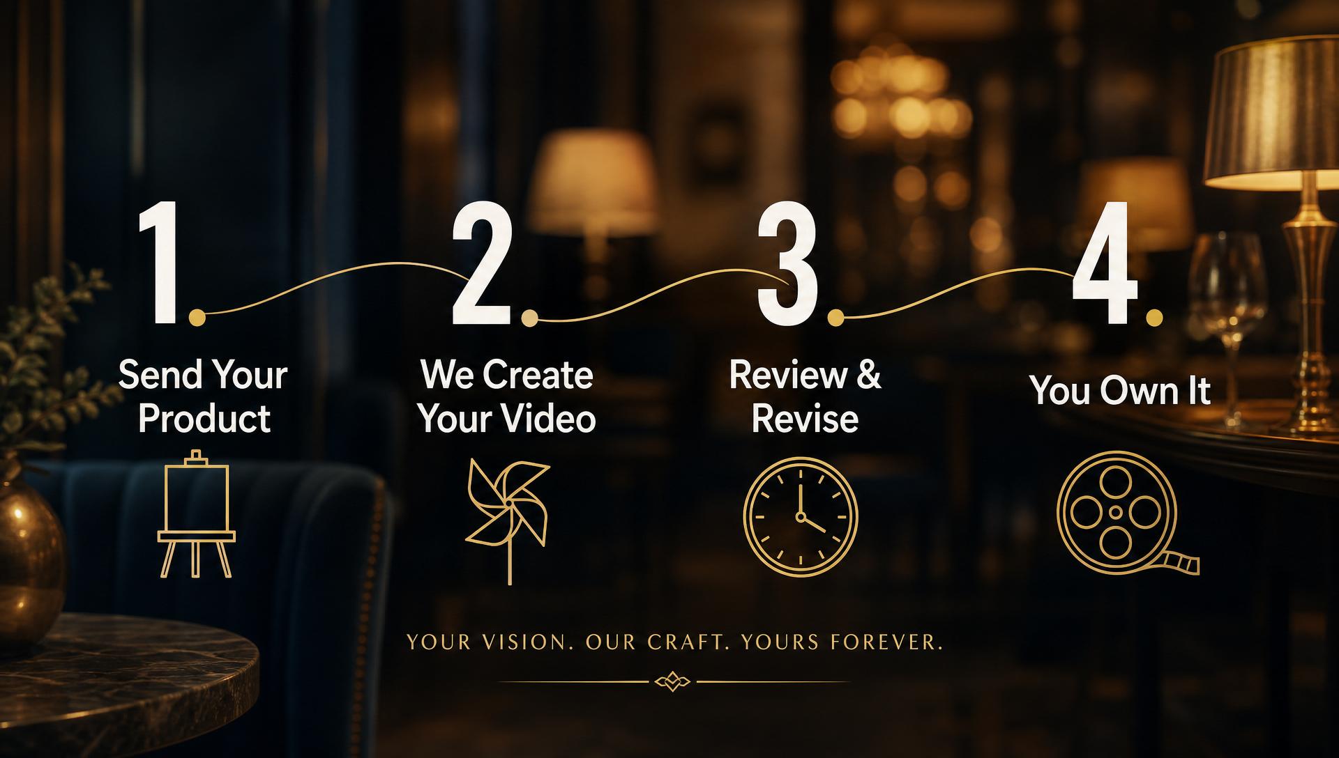 AomaStudio four-step process: send your product, we create your video, review and revise, you own it